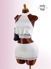 Amplova Versatile Satin And Lace Patchwork Style Perfect For Casual Elegant Dates Night Out Party Club Women's Sexy Cropped Halter Tie Tank Top White Summer - White - View 8
