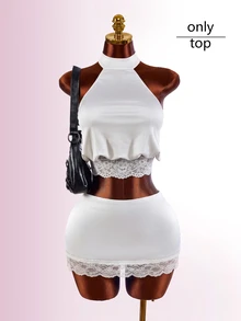 Amplova Versatile Satin And Lace Patchwork Style Perfect For Casual Elegant Dates Night Out Party Club Women's Sexy Cropped Halter Tie Tank Top White Summer - White - View 3