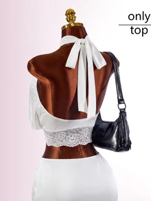 Amplova Versatile Satin And Lace Patchwork Style Perfect For Casual Elegant Dates Night Out Party Club Women's Sexy Cropped Halter Tie Tank Top White Summer - White - View 1