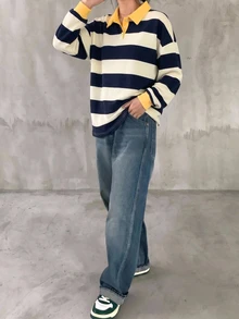 FRIFUL 女款黑白條紋寬鬆 Polo 領中袖休閒夏季 T 恤圖案印花上衣 - 藏蓝色 - 查看 3