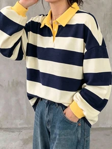 FRIFUL 女款黑白條紋寬鬆 Polo 領中袖休閒夏季 T 恤圖案印花上衣 - 藏蓝色 - 查看 6