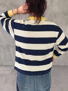 FRIFUL 女款黑白條紋寬鬆 Polo 領中袖休閒夏季 T 恤圖案印花上衣 - 藏蓝色 - 查看 2