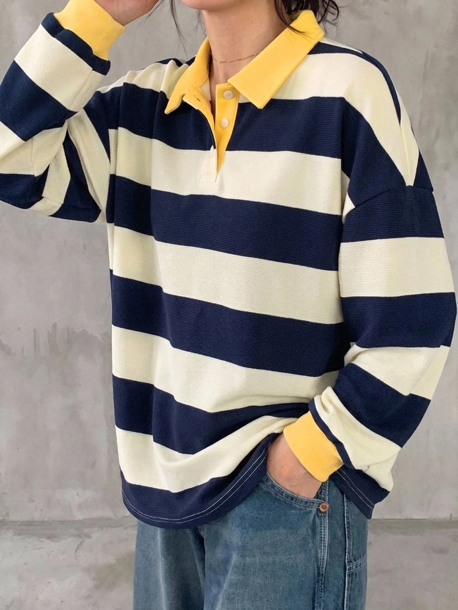 FRIFUL 女款黑白條紋寬鬆 Polo 領中袖休閒夏季 T 恤圖案印花上衣 - 藏蓝色 - 查看 1