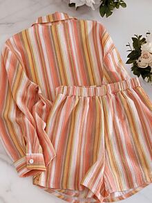 Franclia 2025 Shiny Sequin Casual Set Women's Summer Thin Versatile Sun Protection Shirt & Wide Leg Shorts 2 Pieces Outfit - Orange - View 2