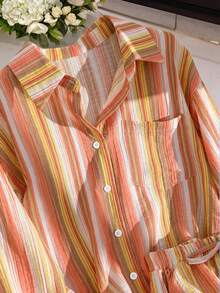 Franclia 2025 Shiny Sequin Casual Set Women's Summer Thin Versatile Sun Protection Shirt & Wide Leg Shorts 2 Pieces Outfit - Orange - View 3