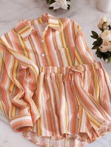 Franclia 2025 Shiny Sequin Casual Set Women's Summer Thin Versatile Sun Protection Shirt & Wide Leg Shorts 2 Pieces Outfit - Orange - View 6