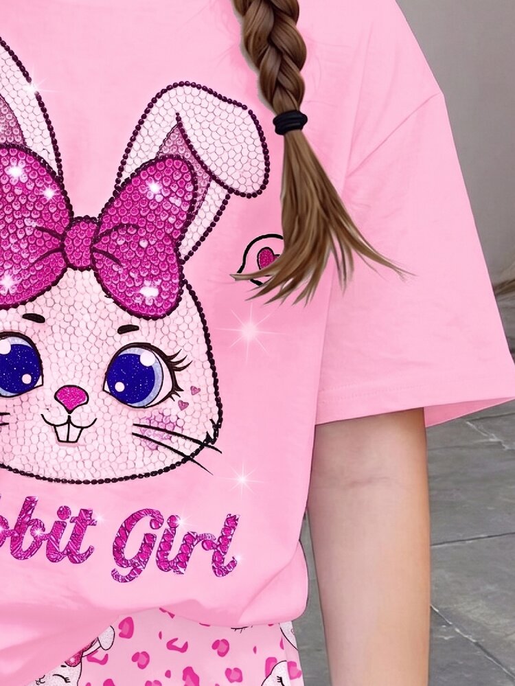 Cute Sweet Pink Cartoon Rabbit Leopard Print Heart Pattern, Tween Girl Casual Minimalist Short Sleeve & Shorts 2-Piece Set Suitable For Summer, Street Retro Style, Relaxed Comfortable, Children's Autumn Layering, Y2K, Sports Outfit, Outing, Street Style, Campus, Chill Chill - Multicolor - View 2