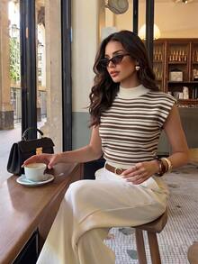 Firerie Elegant High Neck Loose Casual Versatile Sleeveless Knit Sweater Vest Top For Women, Suitable For Dating, Chic - White - View 9