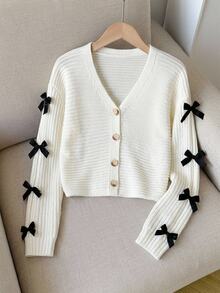 SHEIN Tween Girls Beige Bowknot Long Sleeve Cardigan Sweater, Suitable For Autumn And Winter, Pair With Padded Coat - Beige - View 11