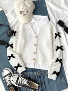 SHEIN Tween Girls Beige Bowknot Long Sleeve Cardigan Sweater, Suitable For Autumn And Winter, Pair With Padded Coat - Beige - View 2
