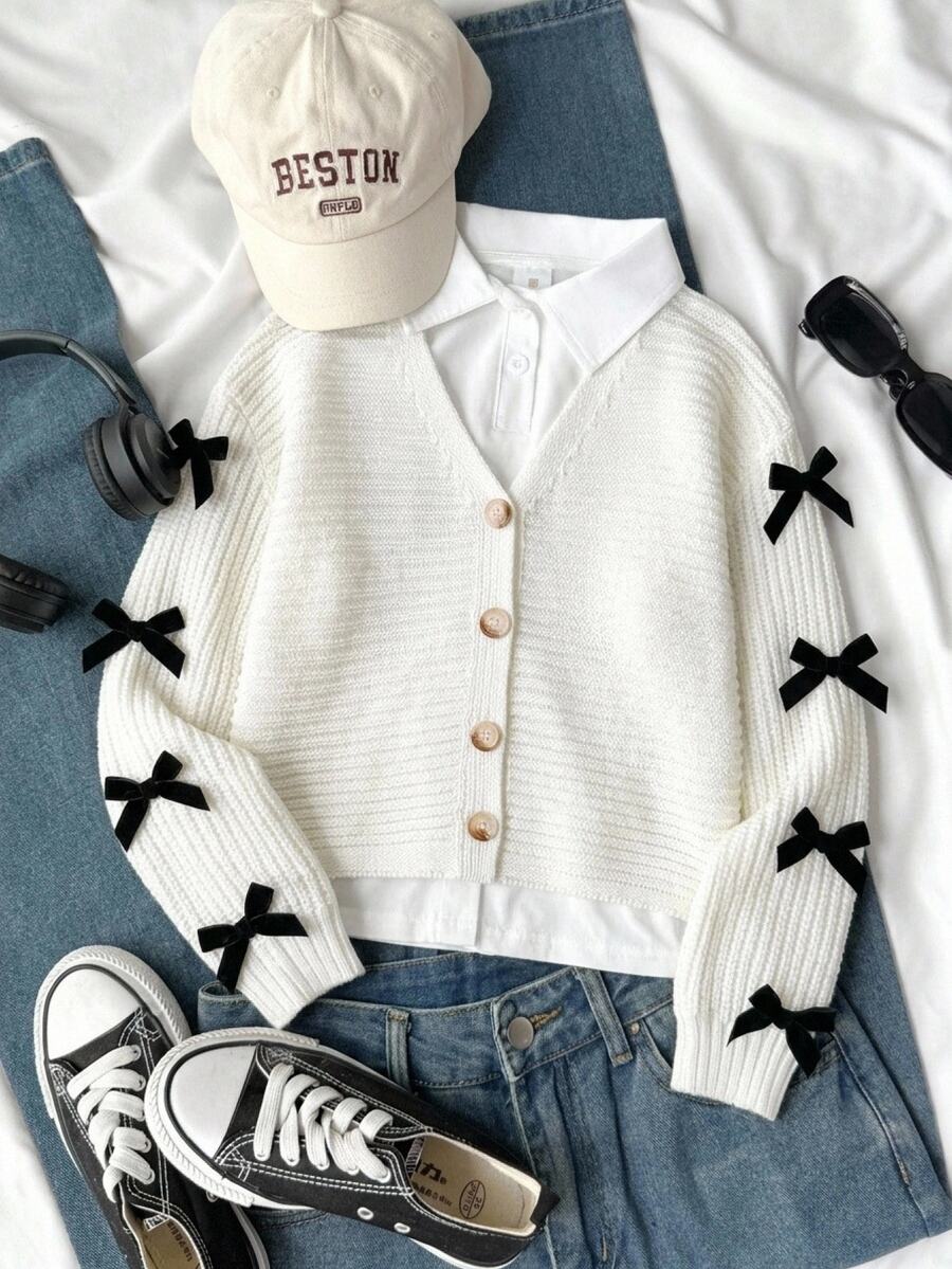 SHEIN Tween Girls Beige Bowknot Long Sleeve Cardigan Sweater, Suitable For Autumn And Winter, Pair With Padded Coat
