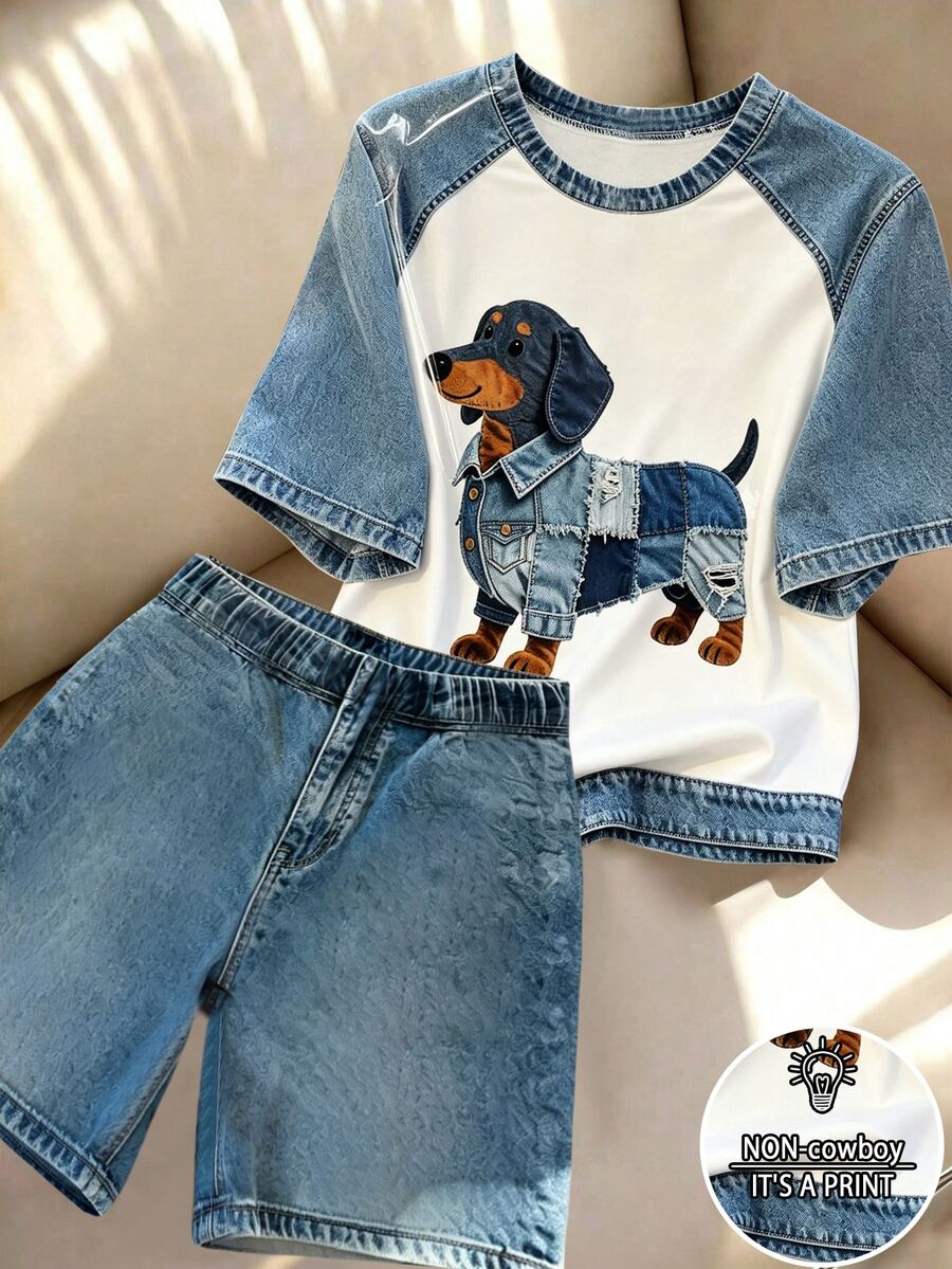 Resyla Women's Round Neck Short Sleeve Cute Dachshund Print 2 Pieces Set, Summer - Multicolor - View 1