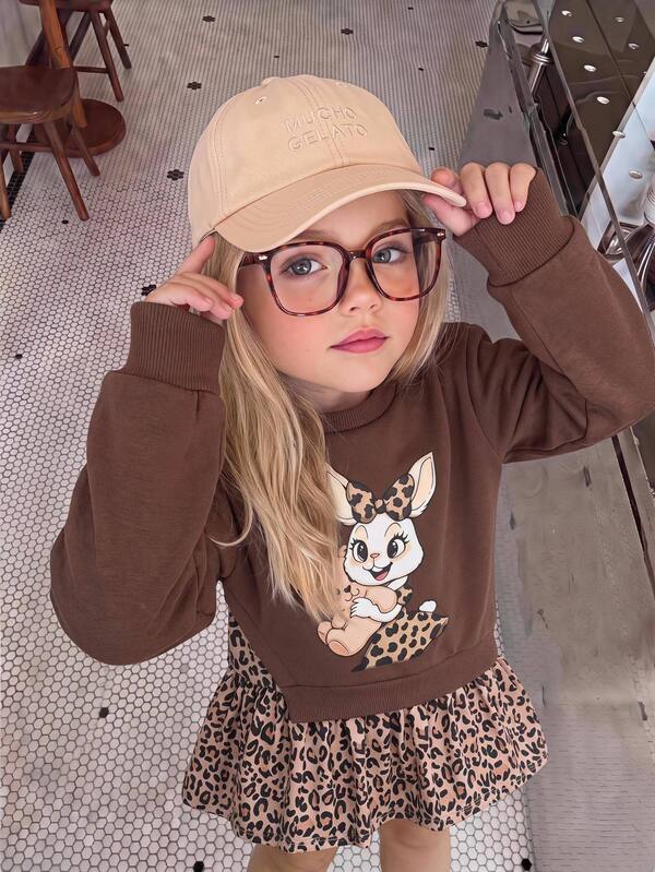 THE HAPPY LOOK Young Girls Dresses Vintage Fashion Versatile Casual Daily 2-In-1 Crew Neck Sweatshirt Leopard Print Rabbit Graphic Dress Autumn/Winter
