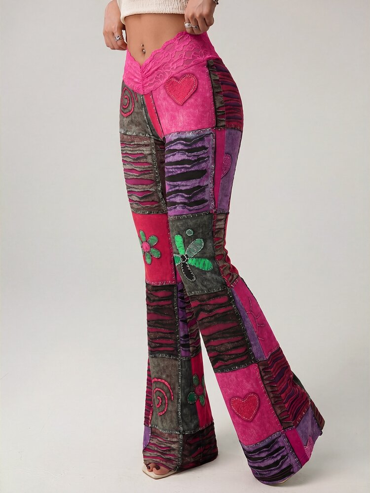 SHEIN ICON Women's Ultra Low-Rise Floral Print Flare Pants - Hot Pink - View 3