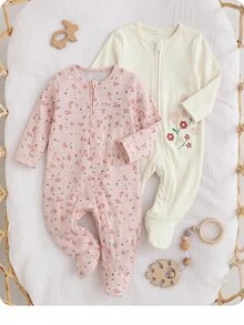 SHEIN 女嬰可愛休閒針織卡通兔子圖案長袖居家連身衣 2件套 - 粉色 - 查看 6