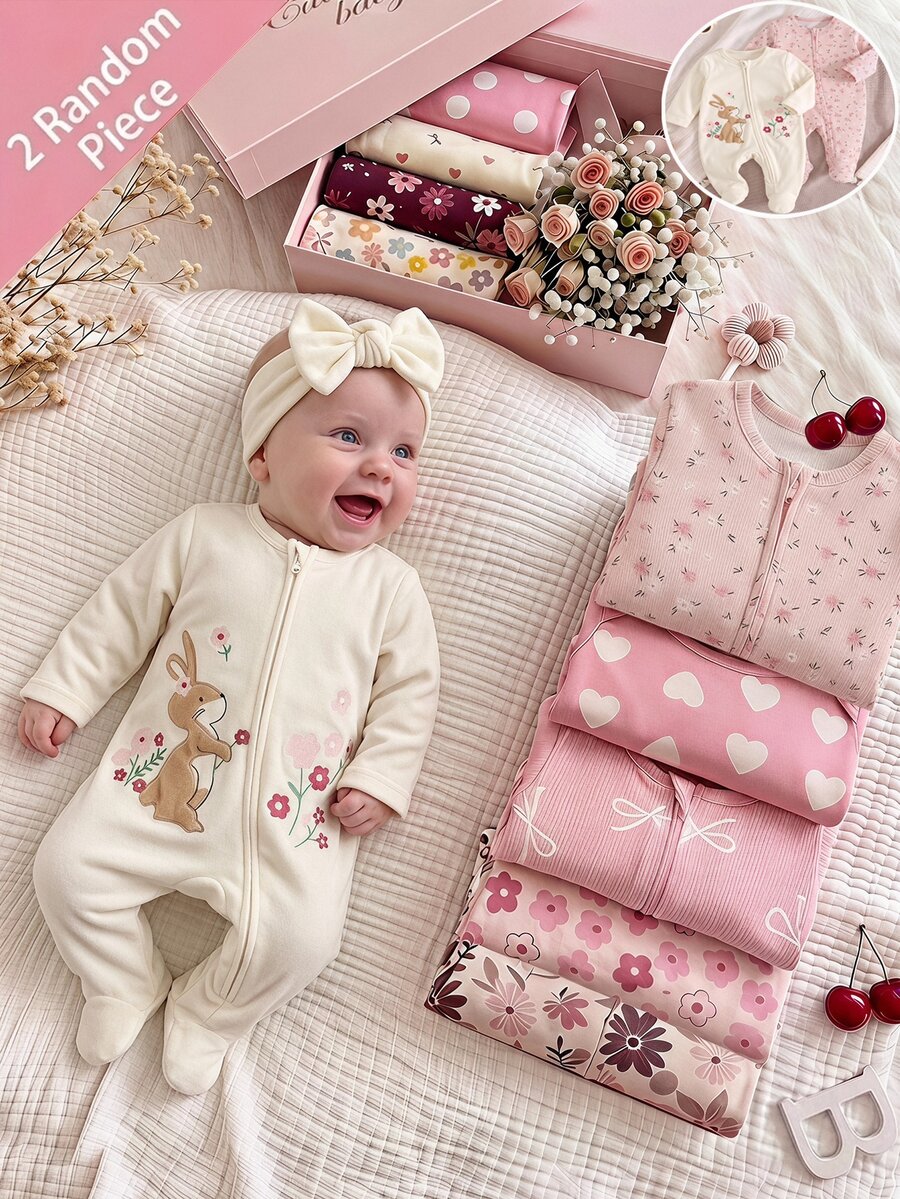 SHEIN 女嬰可愛休閒針織卡通兔子圖案長袖居家連身衣 2件套 - 粉色 - 查看 1