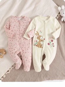 SHEIN 女嬰可愛休閒針織卡通兔子圖案長袖居家連身衣 2件套 - 粉色 - 查看 5