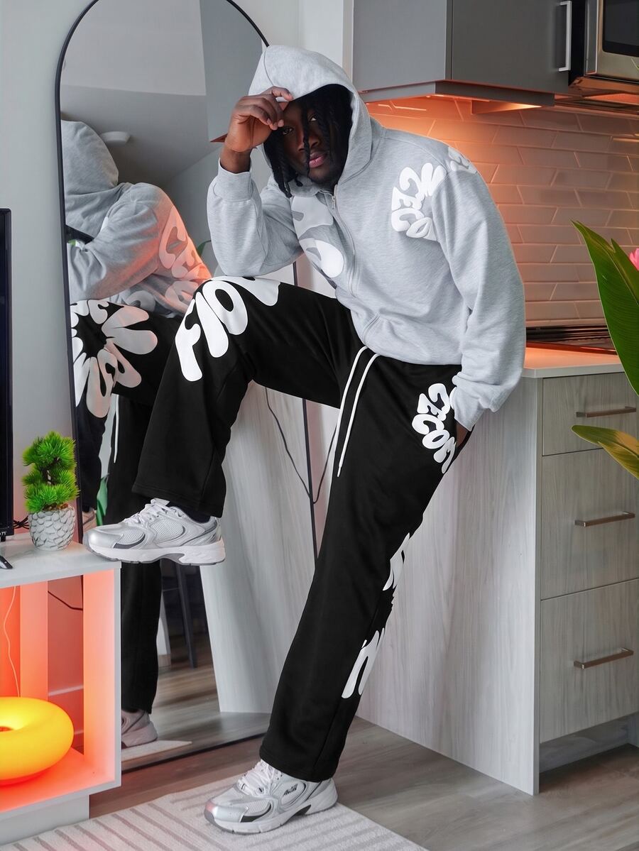 Harrin Don Harrin Don Men's Letter Print Drawstring Waist Patchwork Sweatpants - Black - View 1