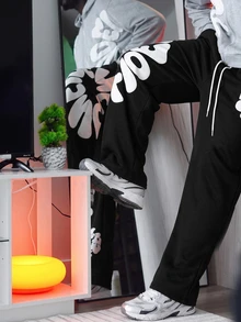 Harrin Don Harrin Don Men's Letter Print Drawstring Waist Patchwork Sweatpants - Black - View 3