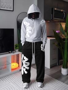 Harrin Don Harrin Don Men's Letter Print Drawstring Waist Patchwork Sweatpants - Black - View 2