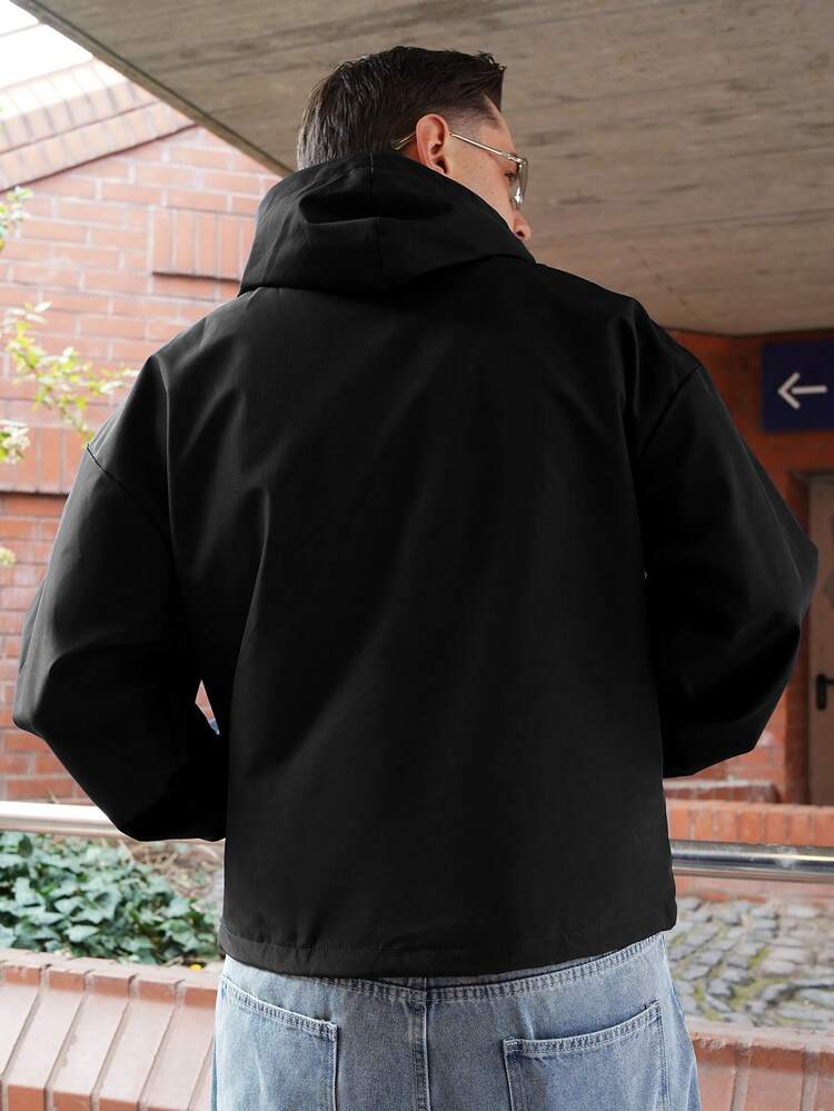 LEOGASHI LEOGASHI Men's Black And White Embroidered Hoodie,Autumn Streetwear Holiday Baggy Graphic Half-Zip Double-Layered Hood,Elastic Drawstring Hem Versatile Sports - Black - View 2
