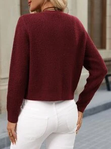 Brillora 女款素色長袖單排扣休閒針織開襟衫 - 酒紅色 - 查看 9