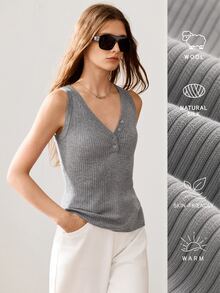 Anewsta Essential American Retro Minimalist Basic Ribbed Grey Knit Camisole Top, Half-Button Front, Slim Fit, Sleeveless Base Layer Tank Top For Women Everyday Style - Light Grey - View 1