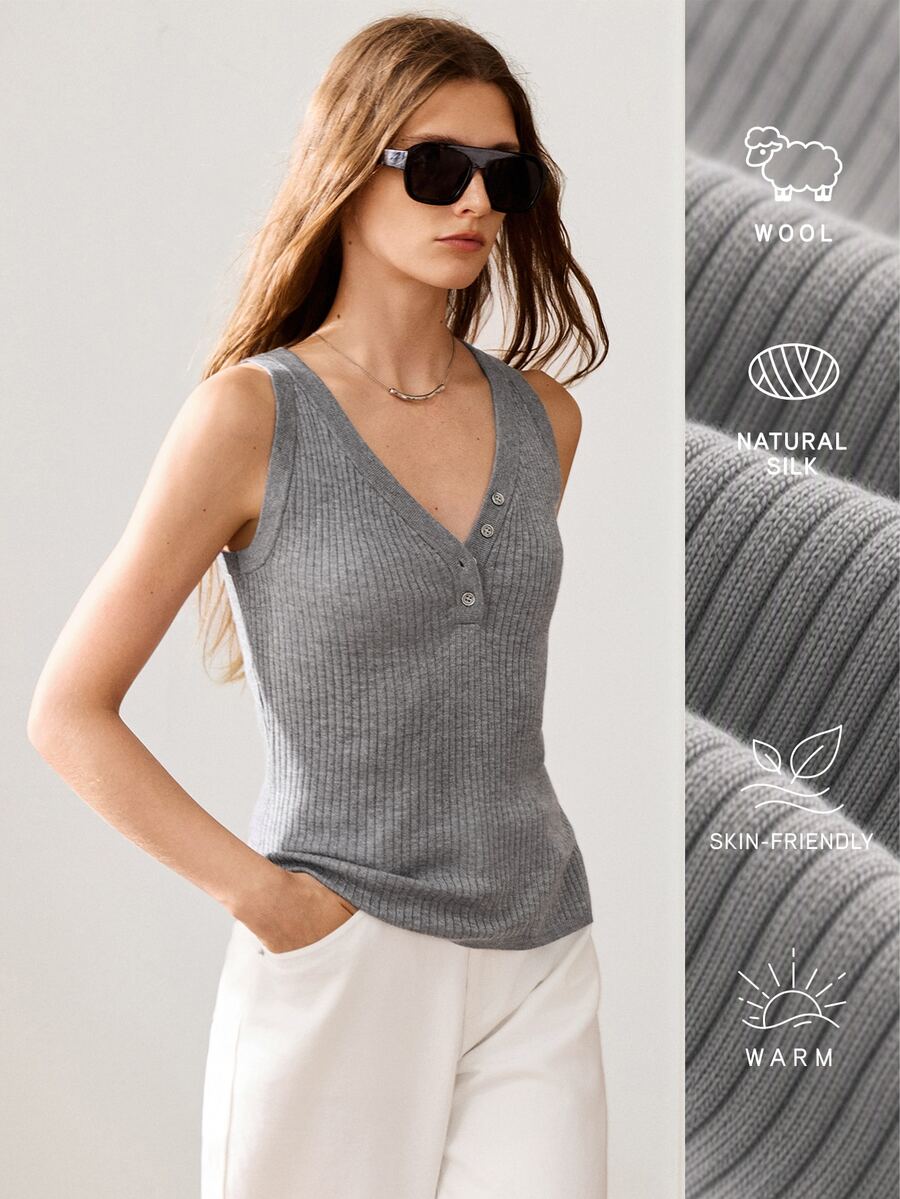 Anewsta Essential American Retro Minimalist Basic Ribbed Grey Knit Camisole Top, Half-Button Front, Slim Fit, Sleeveless Base Layer Tank Top For Women Everyday Style - Light Grey - View 1
