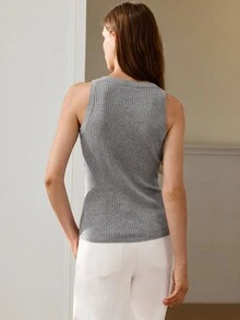 Anewsta Essential American Retro Minimalist Basic Ribbed Grey Knit Camisole Top, Half-Button Front, Slim Fit, Sleeveless Base Layer Tank Top For Women Everyday Style - Light Grey - View 10