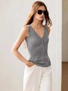 Anewsta Essential American Retro Minimalist Basic Ribbed Grey Knit Camisole Top, Half-Button Front, Slim Fit, Sleeveless Base Layer Tank Top For Women Everyday Style - Light Grey - View 11