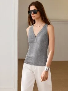 Anewsta Essential American Retro Minimalist Basic Ribbed Grey Knit Camisole Top, Half-Button Front, Slim Fit, Sleeveless Base Layer Tank Top For Women Everyday Style - Light Grey - View 4