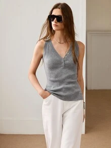 Anewsta Essential American Retro Minimalist Basic Ribbed Grey Knit Camisole Top, Half-Button Front, Slim Fit, Sleeveless Base Layer Tank Top For Women Everyday Style - Light Grey - View 3