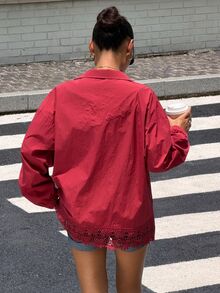 Muchica 女款休閒秋季拉鍊立領夾克，字母圖案刺繡蕾絲下擺拼接寬鬆長袖外套 - 酒紅色 - 查看 2