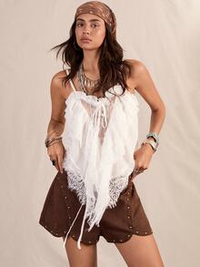 Easelle Vintage Cottage Core Boho Bohemian Lace Patchwork Ruffle Camisole Tank Top For Women Vacation Party White Summer - White - View 3