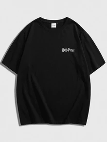 HARRY POTTER X SHEIN Men's Casual Fitted Knit Deathly Hallows Print Short Sleeve T-Shirt - Black - View 2
