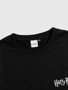 HARRY POTTER X SHEIN Men's Casual Fitted Knit Deathly Hallows Print Short Sleeve T-Shirt - Black - View 4