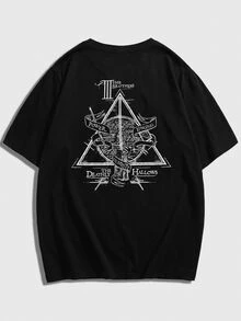 HARRY POTTER X SHEIN Men's Casual Fitted Knit Deathly Hallows Print Short Sleeve T-Shirt - Black - View 3