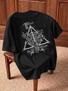 HARRY POTTER X SHEIN Men's Casual Fitted Knit Deathly Hallows Print Short Sleeve T-Shirt - Black - View 1