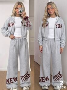 SHEIN 2件組女童套裝 連帽長袖拉鍊夾克，腰部與袖口收緊短版連帽外套，彈性腰寬鬆寬腿休閒運動長褲 - 灰色 - 查看 8