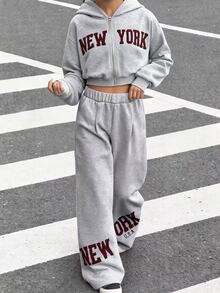 SHEIN 2件組女童套裝 連帽長袖拉鍊夾克，腰部與袖口收緊短版連帽外套，彈性腰寬鬆寬腿休閒運動長褲 - 灰色 - 查看 3