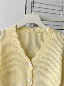 SHEIN Girlism 青少年女孩時尚休閒純色針織秋季開襟衫 - 黃色 - 查看 6