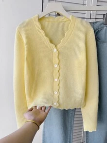 SHEIN Girlism 青少年女孩時尚休閒純色針織秋季開襟衫 - 黃色 - 查看 2