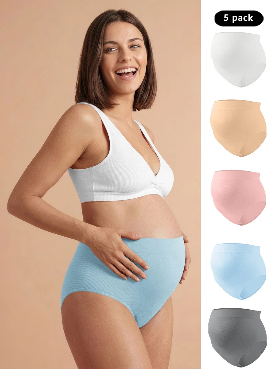 SHEIN 孕婦5件組實色高腰底褲,適用於孕媽咪 - 彩色 - 查看 1
