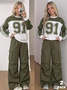 SHEIN Sparklyn 青少年女孩 V 領字母印花連帽衫與工裝褲休閒兩件套 - 軍綠色 - 查看 2