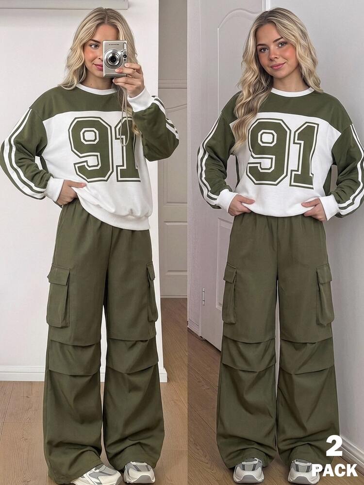 SHEIN Sparklyn Teen Girls V-Neck Letter Print Hoodie And Cargo Pants Casual 2-Piece Set - Army Green - View 2