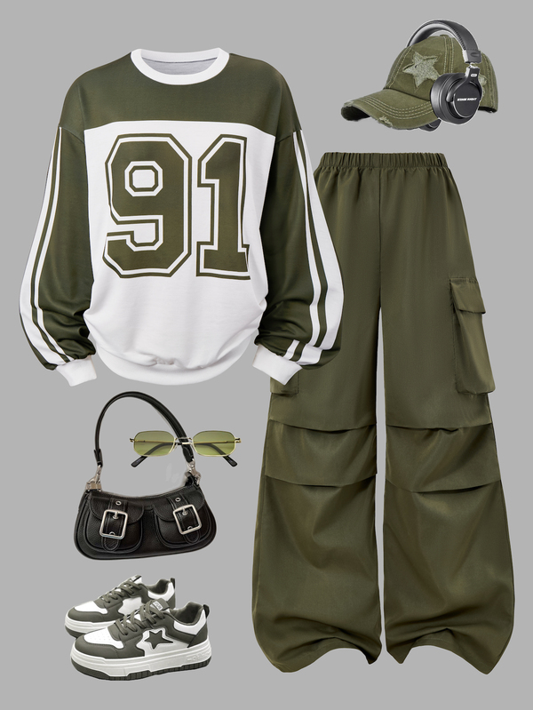 SHEIN Teen Girls V-Neck Letter Print Hoodie And Cargo Pants Casual 2-Piece Set