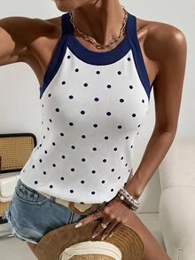 SHEIN LUNE Women's Casual Retro VintageAutumn/Winter Commute Daily Brunch Basic Outing Sleeveless Polka Dot White Knit Top Basic Tops - Multicolor - View 1