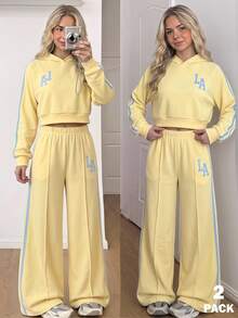 SHEIN 青少年女孩時尚休閒短款連帽衛衣與寬腿褲套裝，灰色百搭保暖秋冬服飾，秋季 - 黃色 - 查看 4