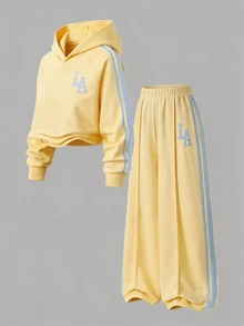 SHEIN 青少年女孩時尚休閒短款連帽衛衣與寬腿褲套裝，灰色百搭保暖秋冬服飾，秋季 - 黃色 - 查看 9