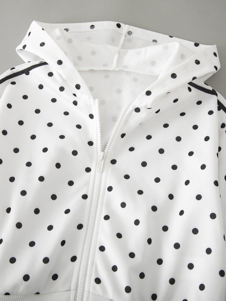 SHEIN 2-Piece Tween Girls Polka Dot Set: Long-Sleeve Hooded Zipper Cardigan Jacket, Loose-Fitting Wide-Leg Casual Athletic Pants - Black and White - View 8